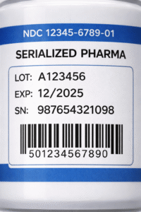 close-up of a serialized pharma label with visible lot number and barcode
