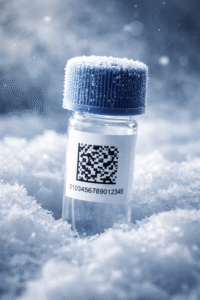 GS1 DataMatrix code on a small vial in a sub zero enviroment