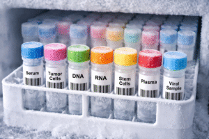 labeled cryogenic sample tubes in a freezer rack