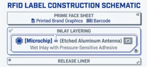Layers of an RFID label: chip, antenna, inlay, and facestock