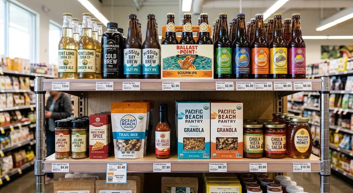 Packaged food and beverage products on a grocery store shelf